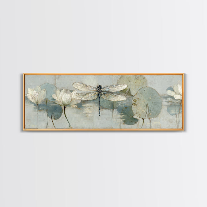 Delicate Dragonfly Above a Pond Surface Canvas Print, Bathroom Art, Unique Wall Art, Bathroom Decor, Spa, Gallery Decor, BAT-3x1-16