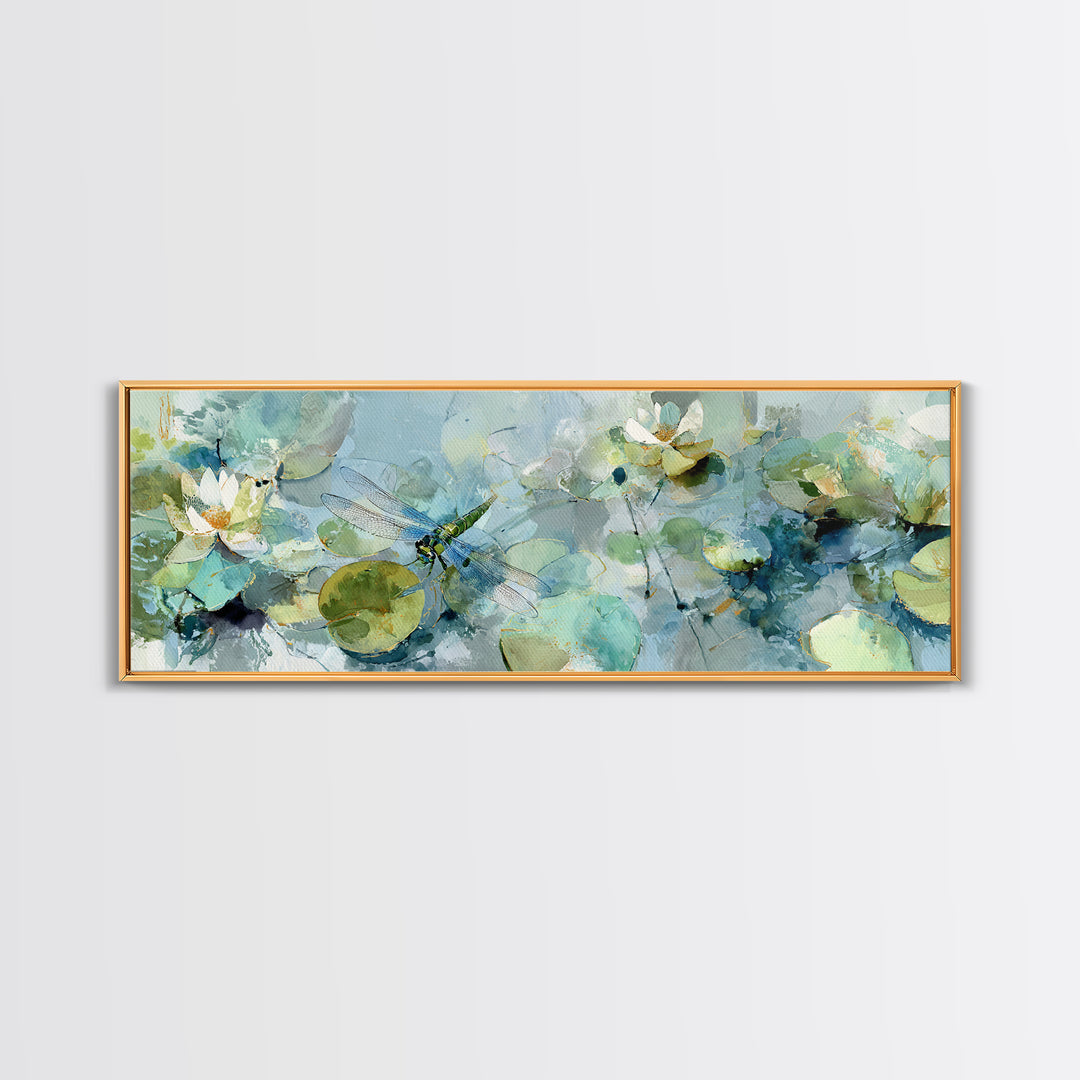 Delicate Dragonfly Above a Pond Surface Canvas Print, Bathroom Art, Bathroom Print, Bathroom Decor, Fine Art, Spa, BAT-3x1-40