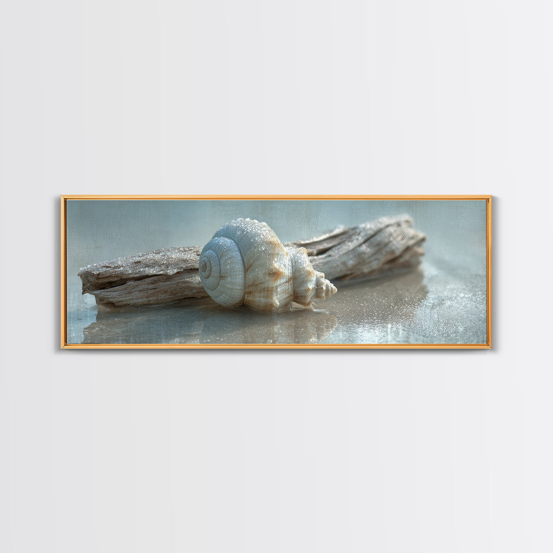Minimal Seashell Still Life on Pale Sand Canvas Print, Bathroom Art, Minimalist Decor, Bathroom Decor, Fine Art, Spa, BAT-3x1-43