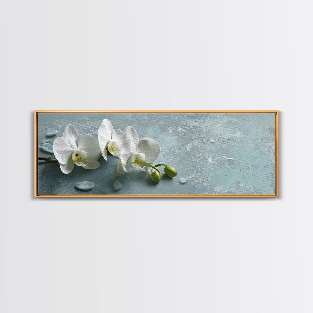 White Orchid on Warm Stone Background Framed Canvas Print, Bathroom Art, Gallery Decor, Bathroom Decor, Fine Art, Spa, BAT-3x1-44