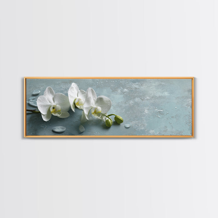 White Orchid on Warm Stone Background Framed Canvas Print, Bathroom Art, Gallery Decor, Bathroom Decor, Fine Art, Spa, BAT-3x1-44