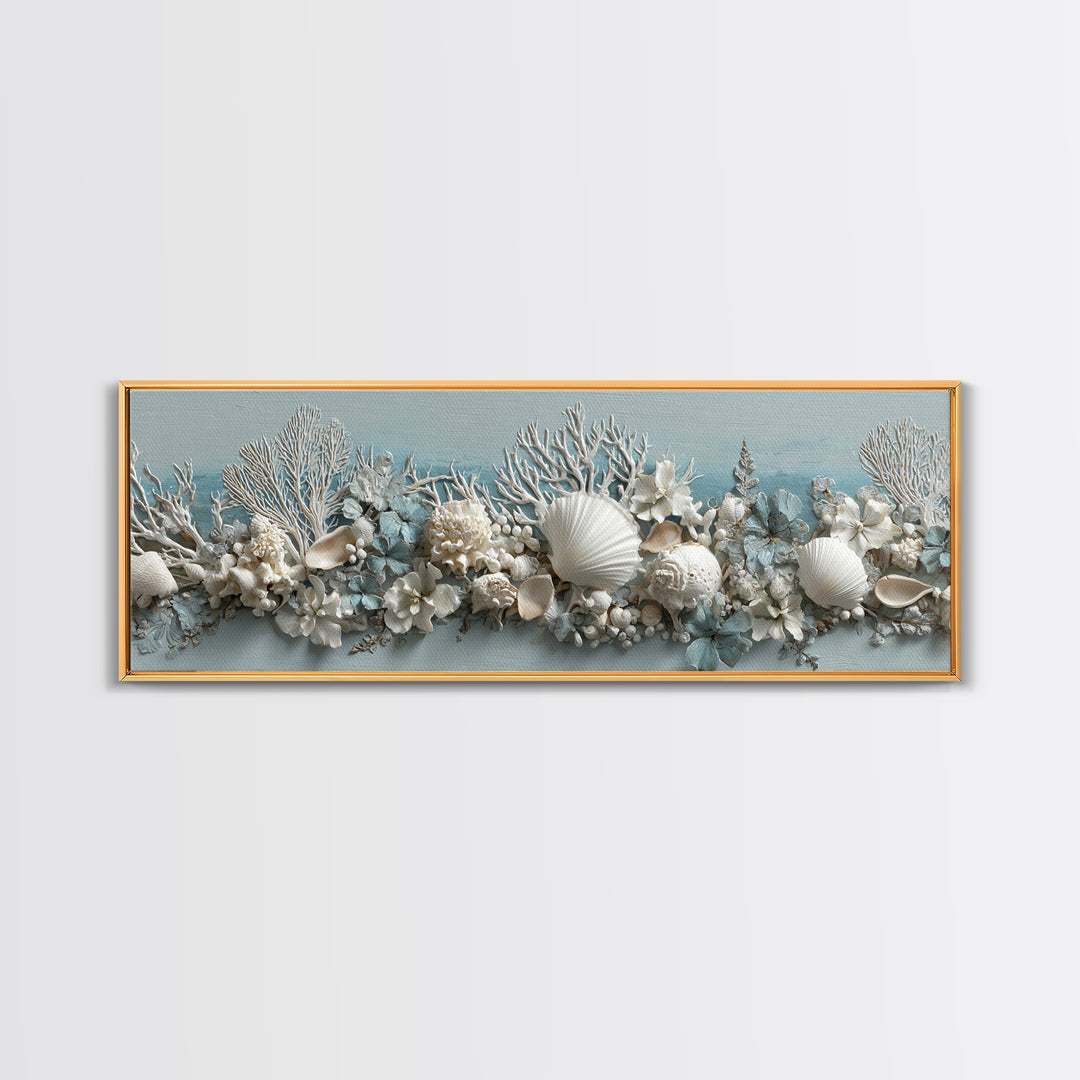 Coral and Shell Arrangement Framed Canvas Print, Bathroom Art, Wall Art, Bathroom Decor, Fine Art, Spa, Dog Portrait, BAT-3x1-51