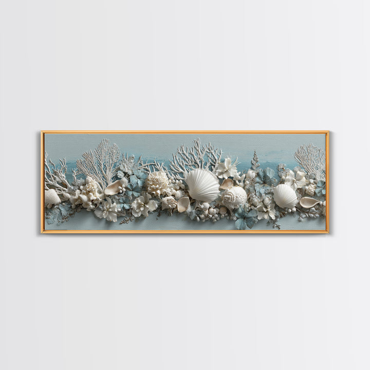 Coral and Shell Arrangement Framed Canvas Print, Bathroom Art, Wall Art, Bathroom Decor, Fine Art, Spa, Dog Portrait, BAT-3x1-51