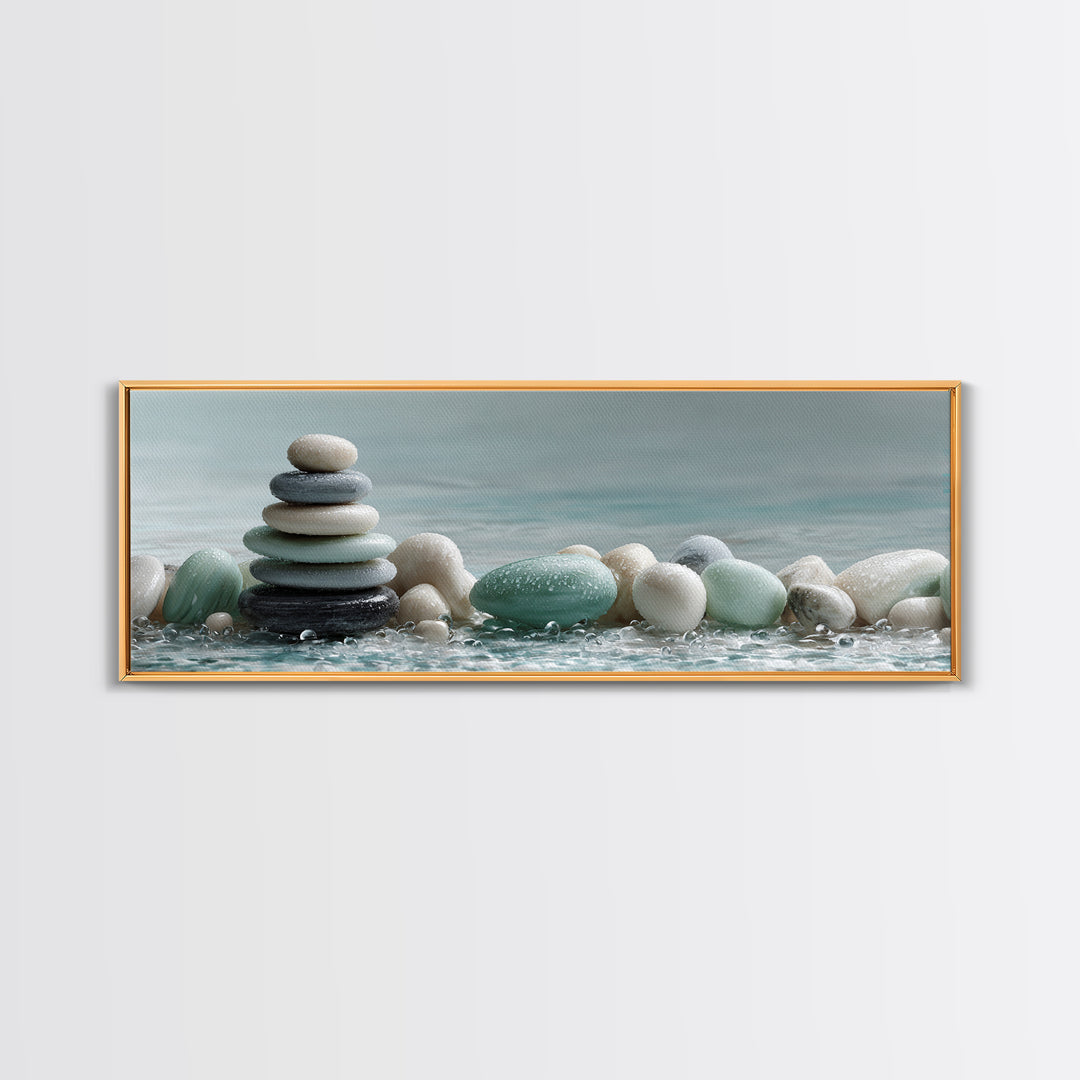 Monochrome Pebble Stack Framed Canvas Print, Bathroom Art, Canvas Wall Art, Bathroom Decor, Fine Art, Spa, Bathroom Wallpaper, BAT-3x1-53