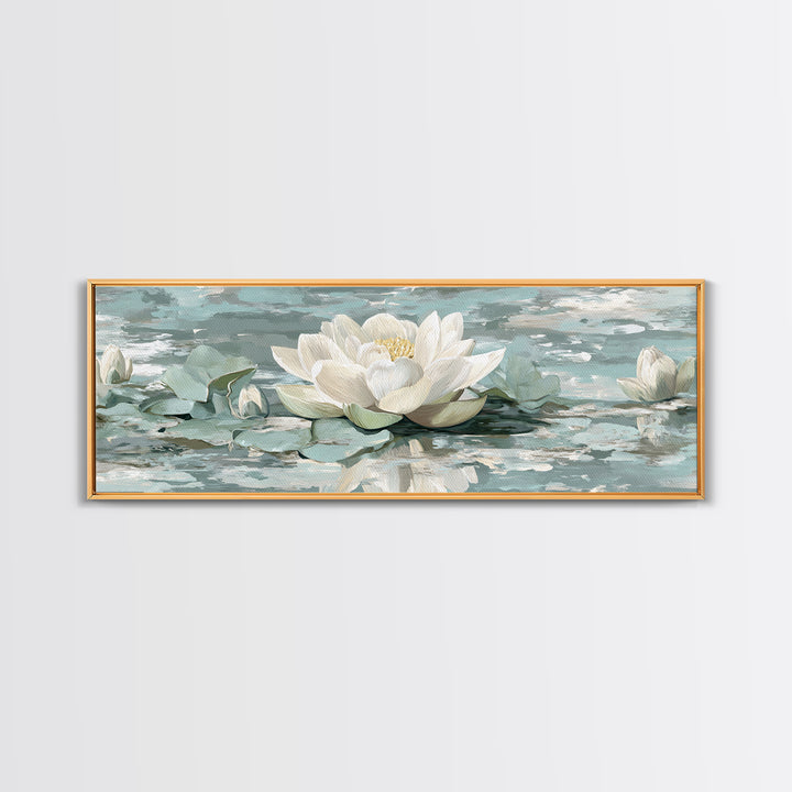 Lotus Flower Floating on Calm Water Framed Canvas Print, Bathroom Art, Fine Art Print, Bathroom Decor, Oil Painting, Spa, BAT-3x1-60