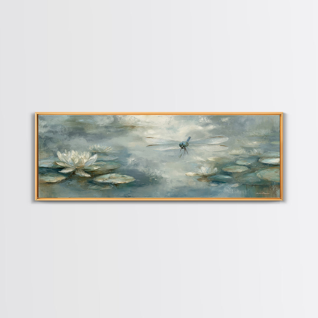 Delicate Dragonfly Above a Pond Surface Framed Canvas Print, Bathroom Art, Statement Artwork, Bathroom Decor, Fine Art, Spa, BAT-3x1-64