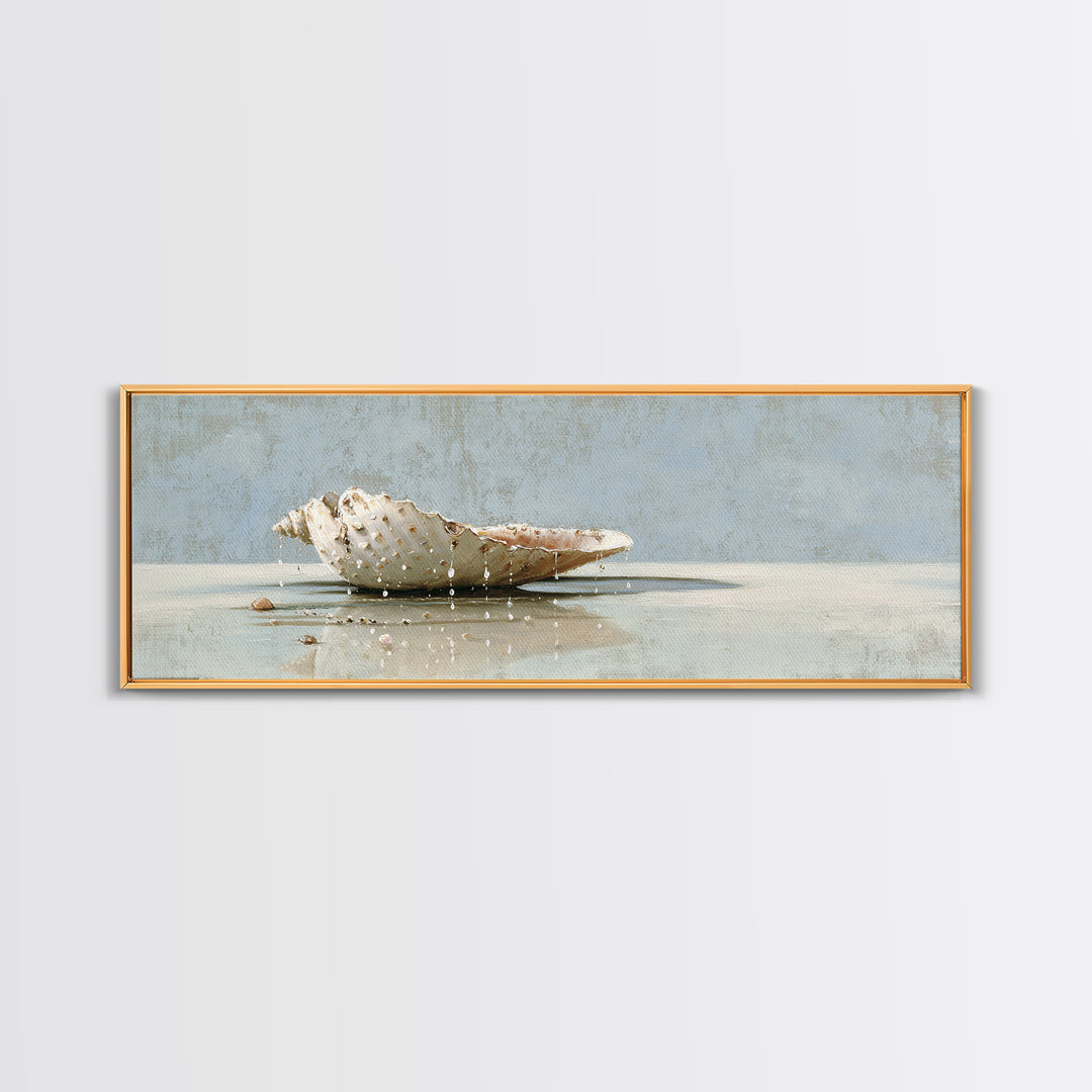 Minimal Seashell Still Life on Pale Sand Framed Canvas Print, Bathroom Art, Printable, Bathroom Decor, Abstract Art, Spa, BAT-3x1-67