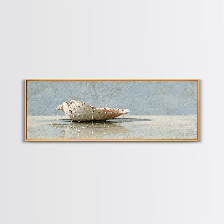 Minimal Seashell Still Life on Pale Sand Framed Canvas Print, Bathroom Art, Printable, Bathroom Decor, Abstract Art, Spa, BAT-3x1-67