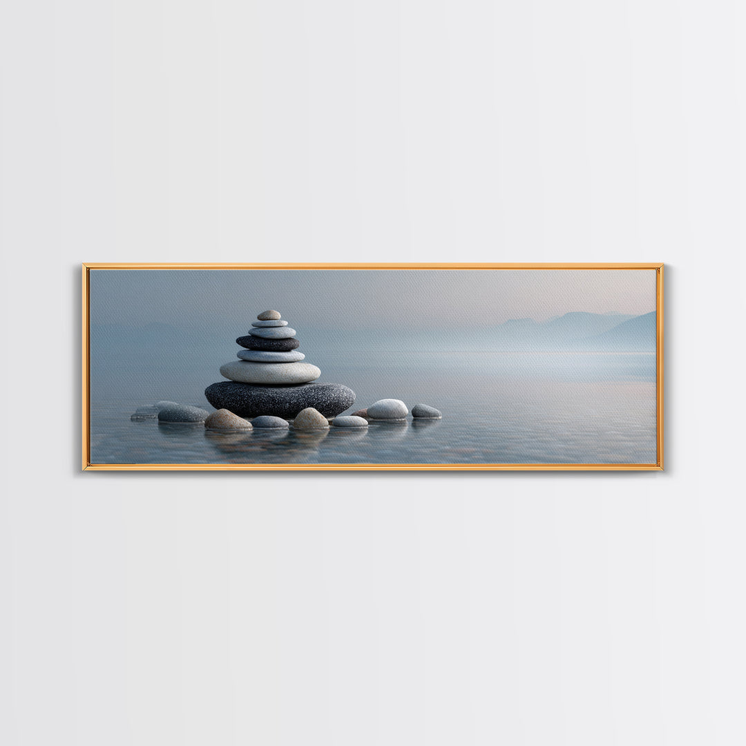 Monochrome Pebble Stack Framed Canvas Print, Bathroom Art, Canvas Wall Art, Bathroom Decor, Fine Art, Spa, Bathroom Wallpaper, BAT-3x1-77