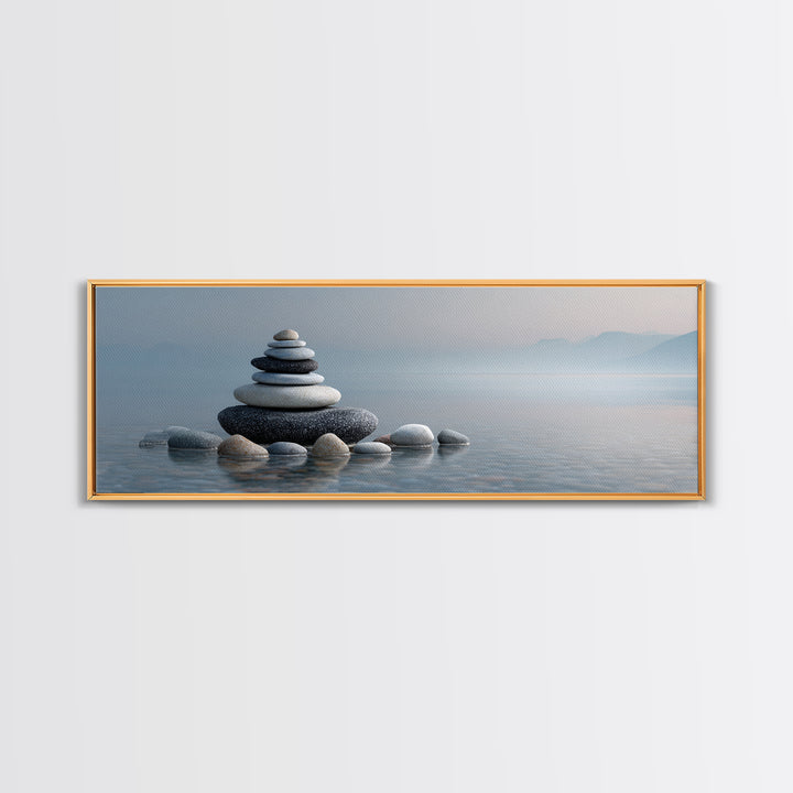 Monochrome Pebble Stack Framed Canvas Print, Bathroom Art, Canvas Wall Art, Bathroom Decor, Fine Art, Spa, Bathroom Wallpaper, BAT-3x1-77