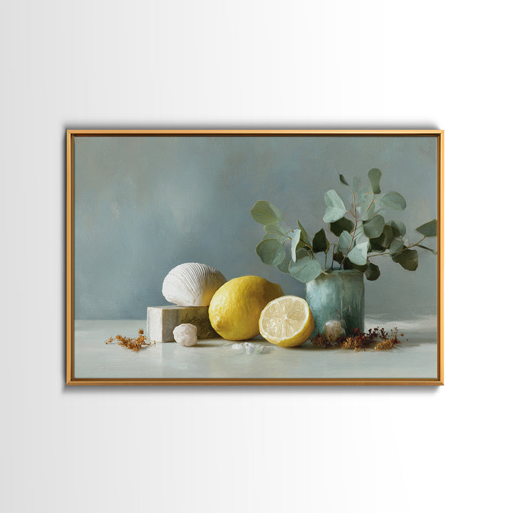 Lemon and Botanical Still Life Framed Canvas Print, Bathroom Art, Digital Wall Art, Bathroom Decor, Oil Painting, Spa, BAT-3x2-10
