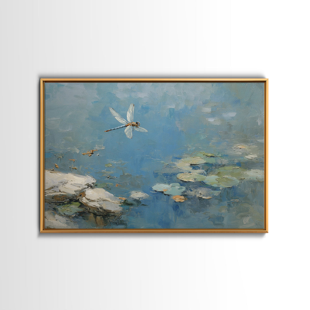 Delicate Dragonfly Above a Pond Surface Framed Canvas Print, Bathroom Art, Bathroom Art Decor, Bathroom Decor, Oil Painting, BAT-3x2-100