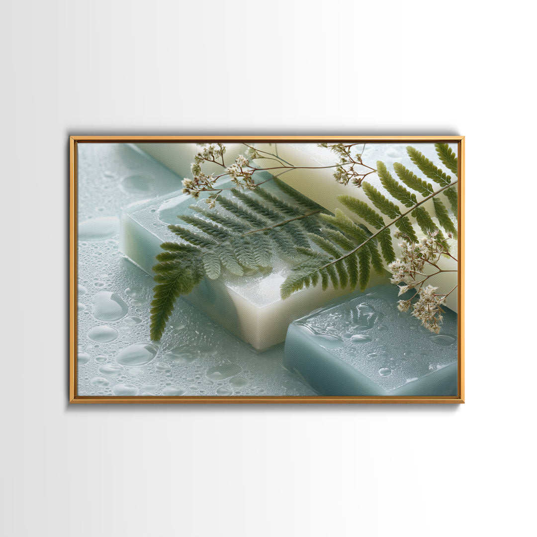Green Fern Frond Closeup Framed Canvas Print, Bathroom Art, Home Decor, Bathroom Decor, Fine Art, Spa, Canvas Wall Art, BAT-3x2-14