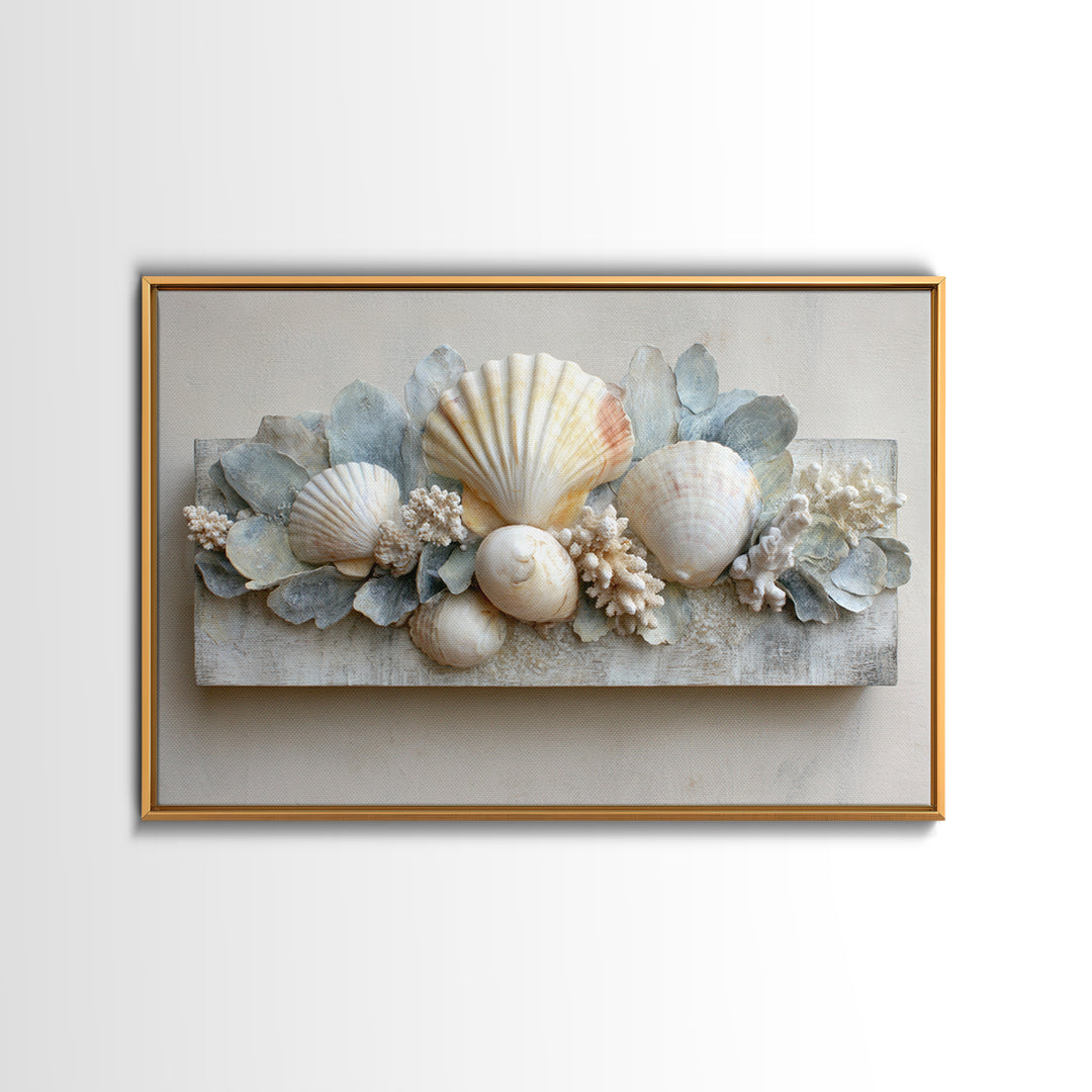 Coral and Shell Arrangement Framed Canvas Print, Bathroom Art, Minimalist Decor, Bathroom Decor, Fine Art, Spa, Wall Hanging, BAT-3x2-15