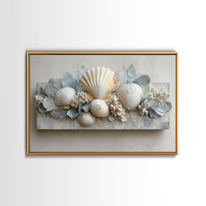 Coral and Shell Arrangement Framed Canvas Print, Bathroom Art, Minimalist Decor, Bathroom Decor, Fine Art, Spa, Wall Hanging, BAT-3x2-15