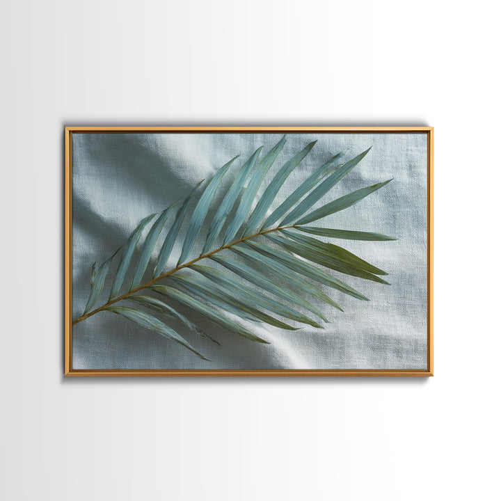 Simple Palm Frond on Off White Linen Canvas Print, Bathroom Art, Poster, Bathroom Decor, Abstract Art, Spa, Digital Print, BAT-3x2-3