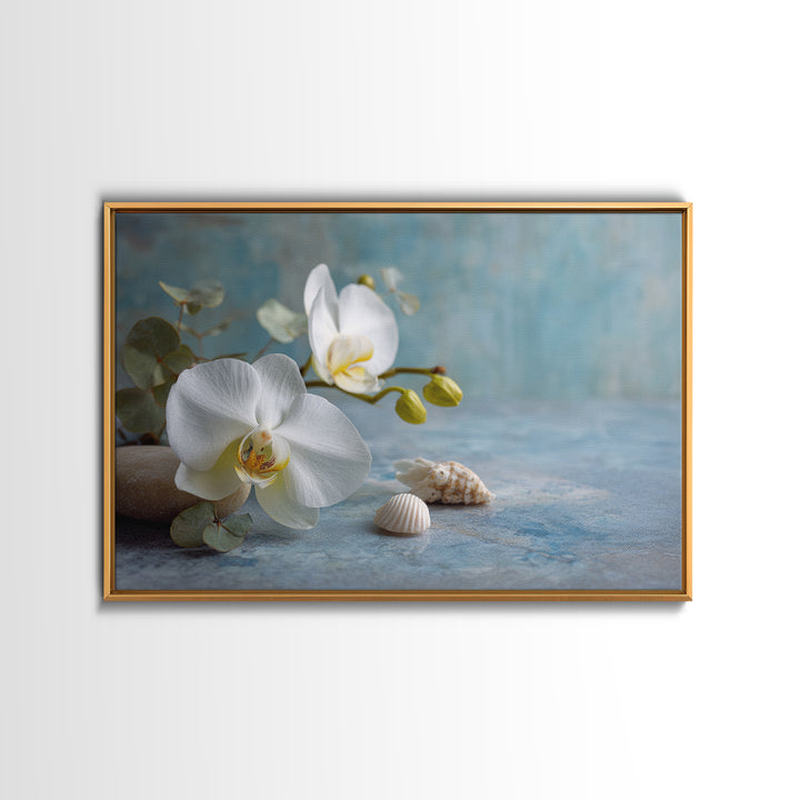 White Orchid on Warm Stone Background Canvas Print, Bathroom Art, Custom Pet Portrait, Bathroom Decor, Fine Art, Spa, BAT-3x2-32