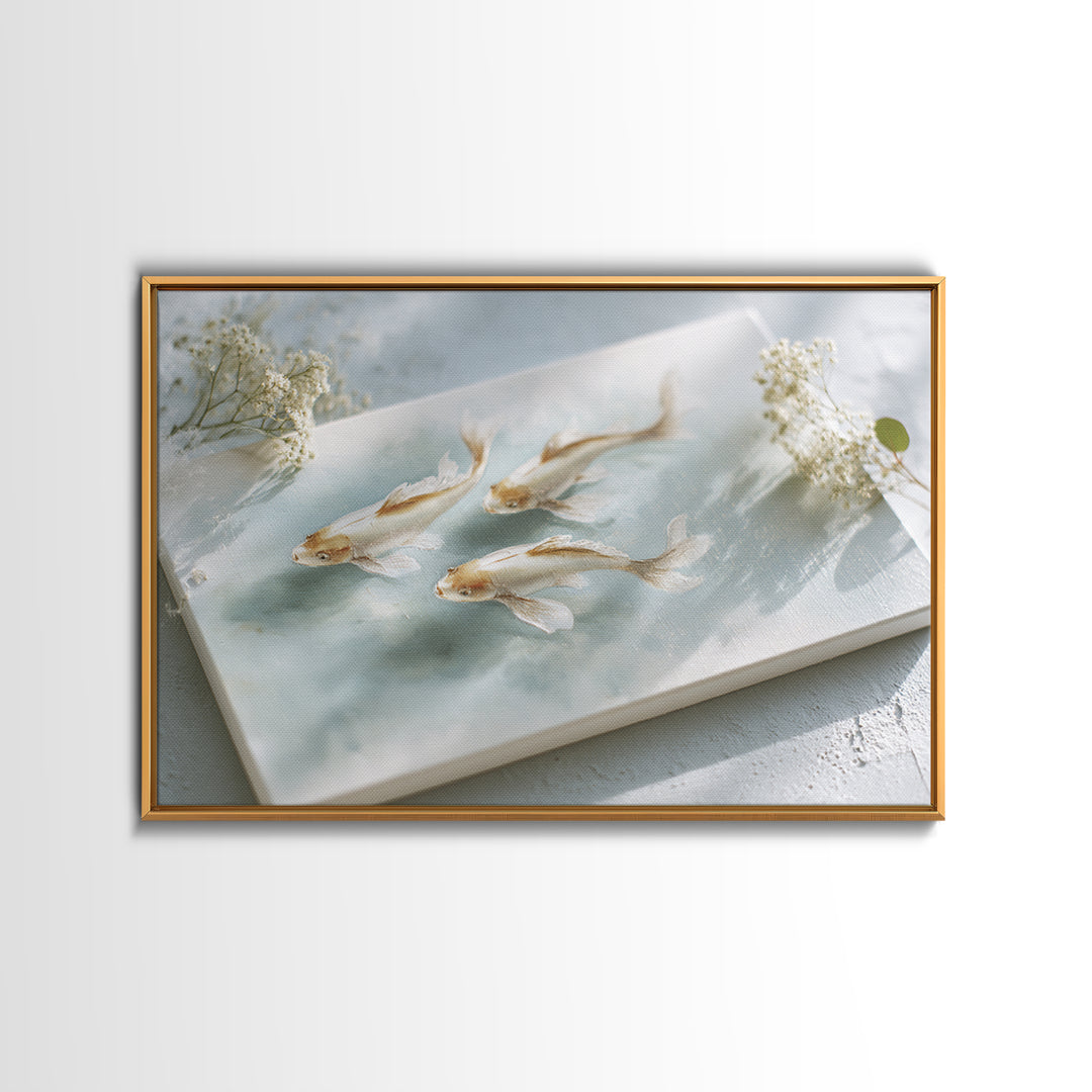 Minimal Koi Fish Swimming Through Clear Water Framed Canvas Print, Bathroom Art, Bathroom Wall Art, Bathroom Decor, Spa, BAT-3x2-36
