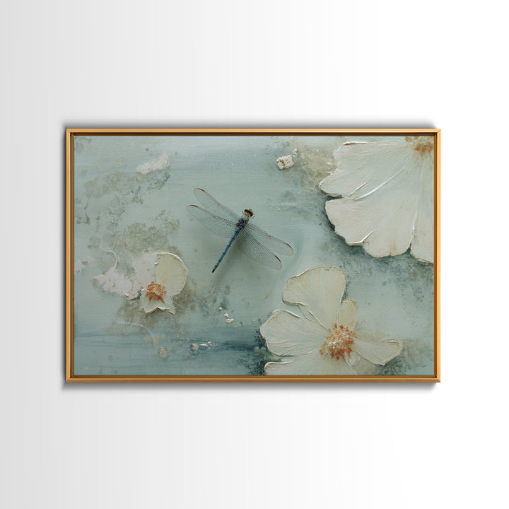 Delicate Dragonfly Above a Pond Surface Canvas Print, Bathroom Art, Room Decor, Bathroom Decor, Oil Painting, Spa, BAT-3x2-4