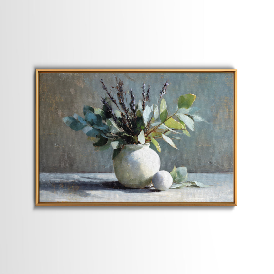 Lavender Sprigs in a Ceramic Vase Framed Canvas Print, Bathroom Art, Bathroom Decor, Oil Painting, Spa, Bathroom Accessories, BAT-3x2-40