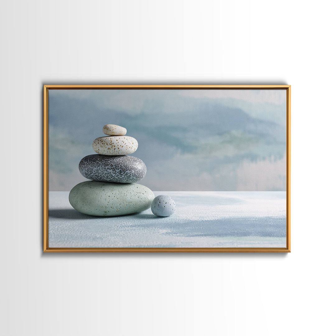 Monochrome Pebble Stack Framed Canvas Print, Bathroom Art, Bathroom Decor, Watercolor Art, Spa, Funny Bathroom Art, BAT-3x2-41