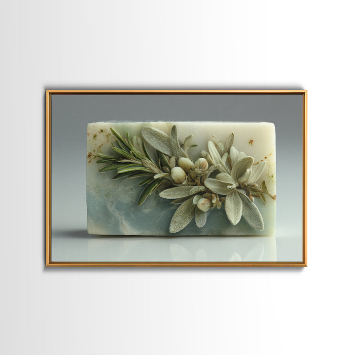 Botanical Bath Herb Arrangement Framed Canvas Print, Bathroom Art, Dopamine Decor, Bathroom Decor, Fine Art, Spa, Halloween Art, BAT-3x2-45