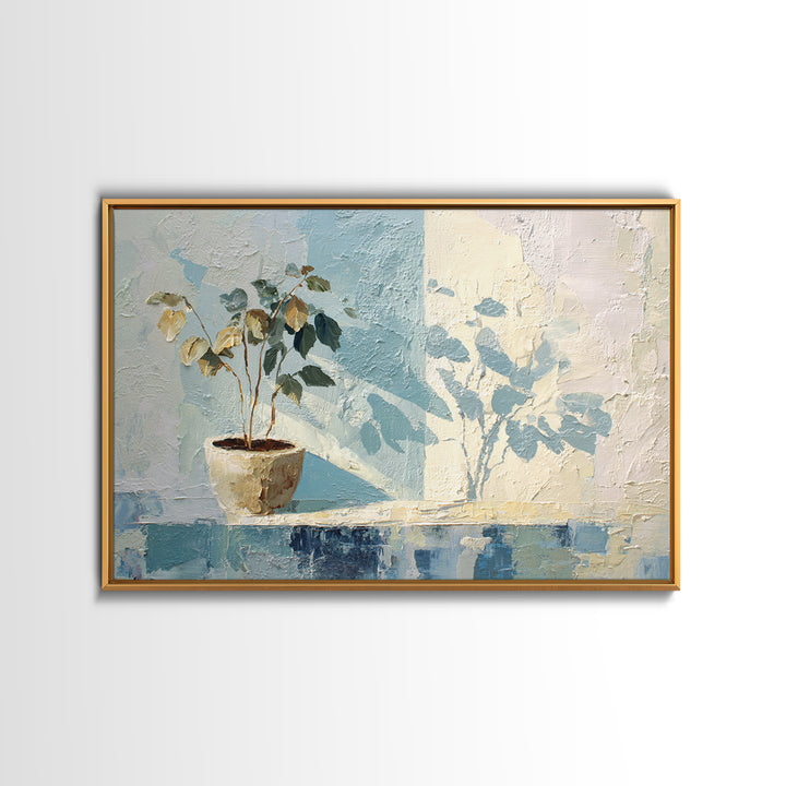 Sunlit Window Plant Shadow on Plaster Framed Canvas Print, Bathroom Art, Bathroom Wall Art, Bathroom Decor, Fine Art, Spa, BAT-3x2-46