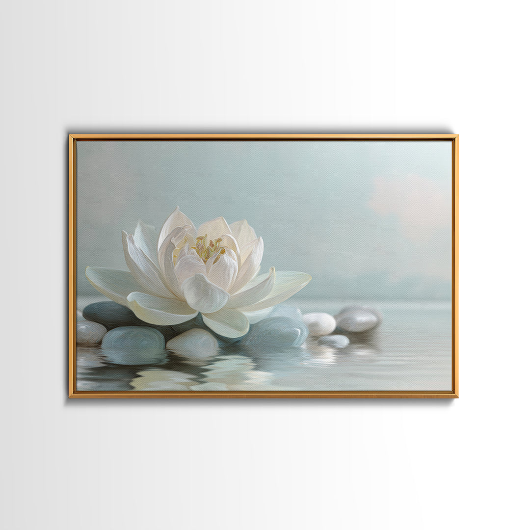 Lotus Flower Floating on Calm Water Canvas Print, Bathroom Art, Framed Wall Art, Bathroom Decor, Spa, Bathroom Art Decor, BAT-3x2-48