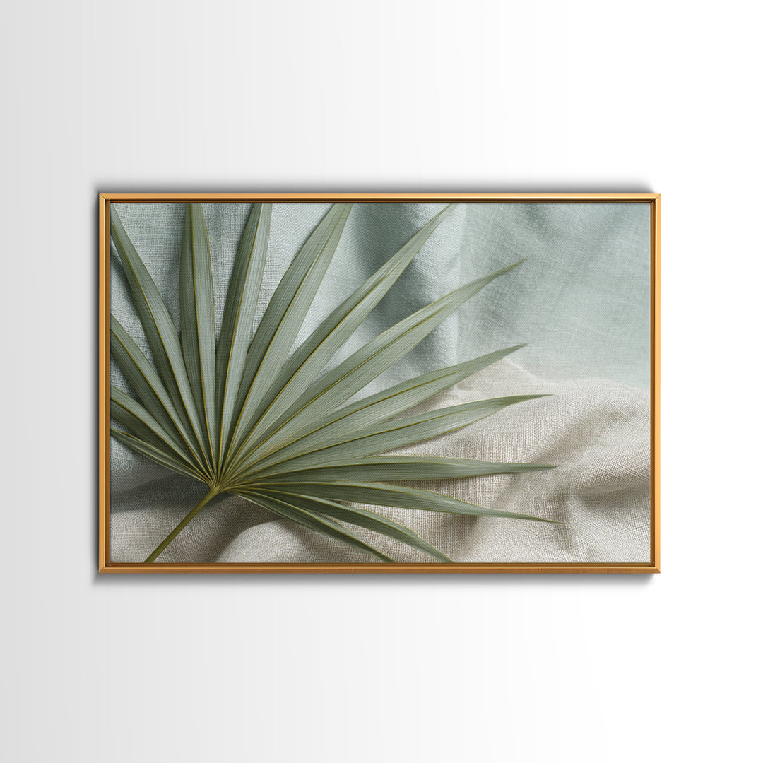 Simple Palm Frond on Off White Linen Canvas Print, Bathroom Art, Canvas Wall Art, Bathroom Decor, Spa, Bathroom Wallpaper, BAT-3x2-51