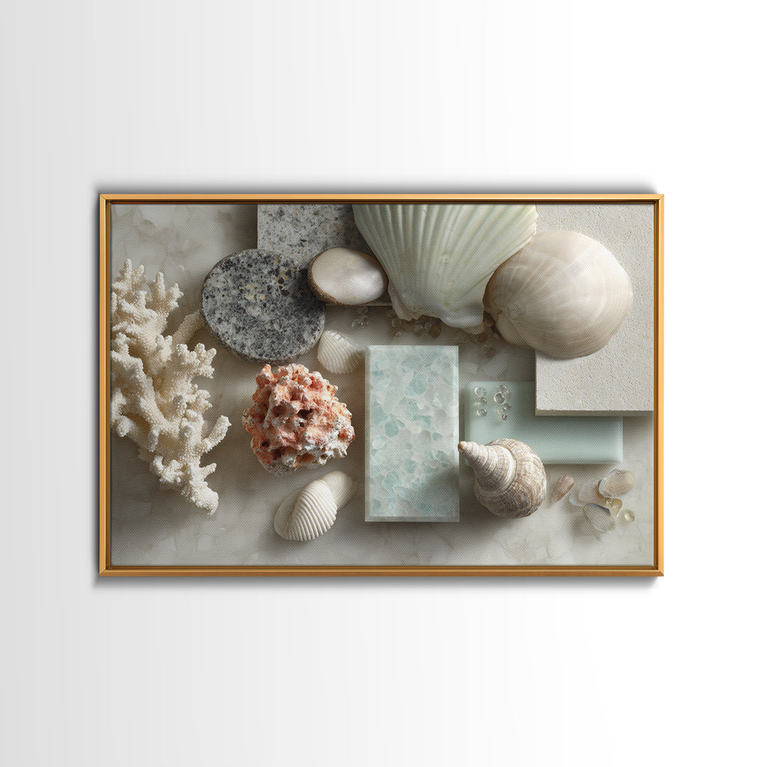 Coral and Shell Arrangement Framed Canvas Print, Bathroom Art, Contemporary Art, Bathroom Decor, Fine Art, Spa, Framed Wall Art, BAT-3x2-63