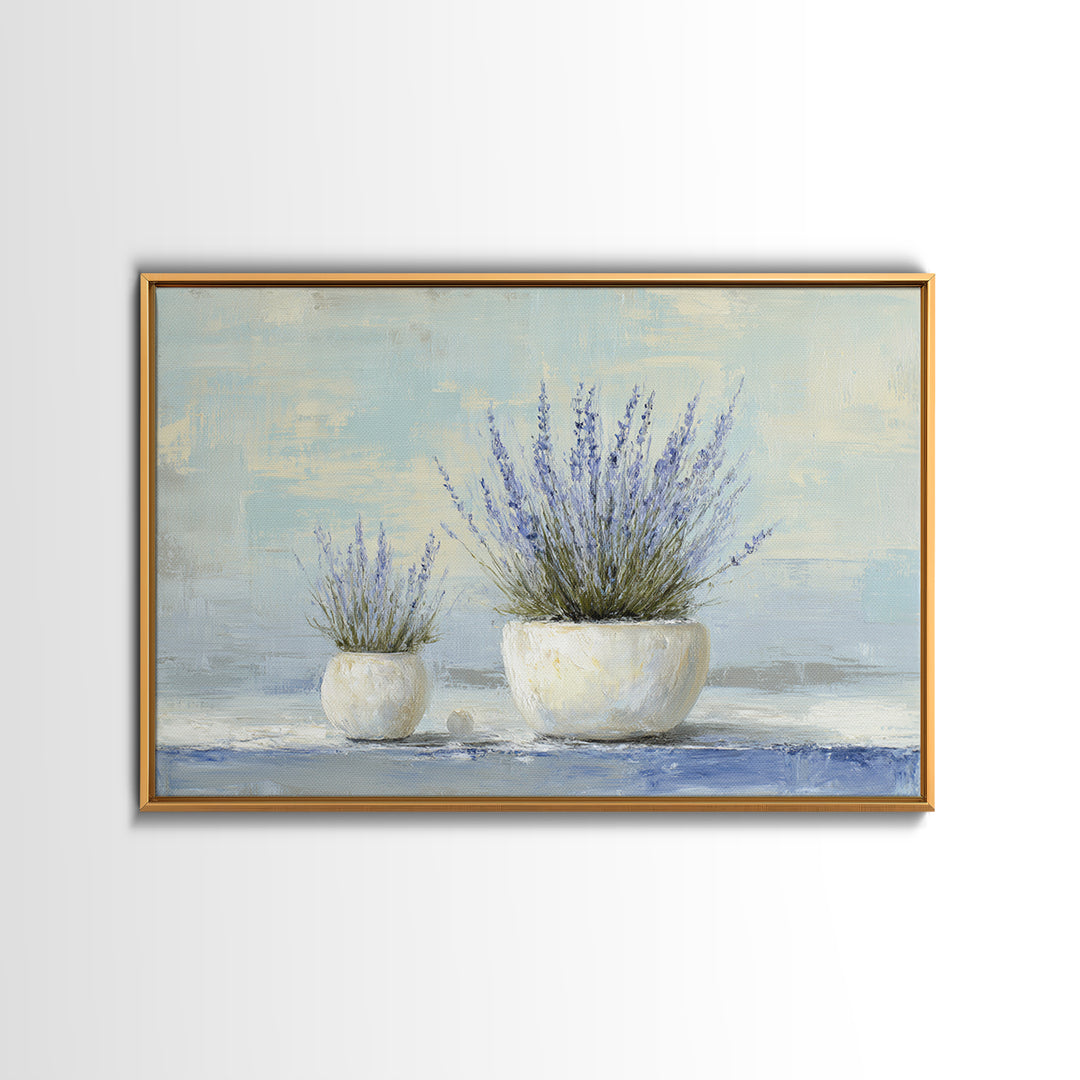 Lavender Sprigs in a Ceramic Vase Framed Canvas Print, Bathroom Art, Retro Wall Art, Bathroom Decor, Abstract Art, Spa, BAT-3x2-64