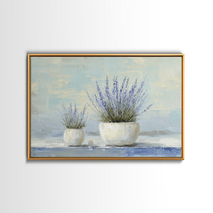 Lavender Sprigs in a Ceramic Vase Framed Canvas Print, Bathroom Art, Retro Wall Art, Bathroom Decor, Abstract Art, Spa, BAT-3x2-64