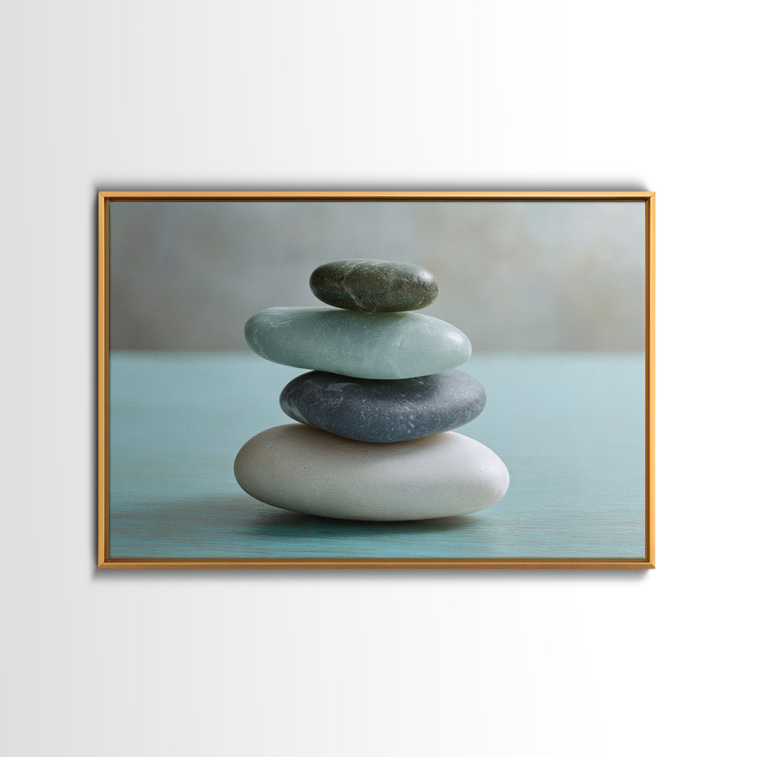 Monochrome Pebble Stack Framed Canvas Print, Bathroom Art, Bathroom Decor, Watercolor Art, Spa, Funny Bathroom Art, BAT-3x2-65