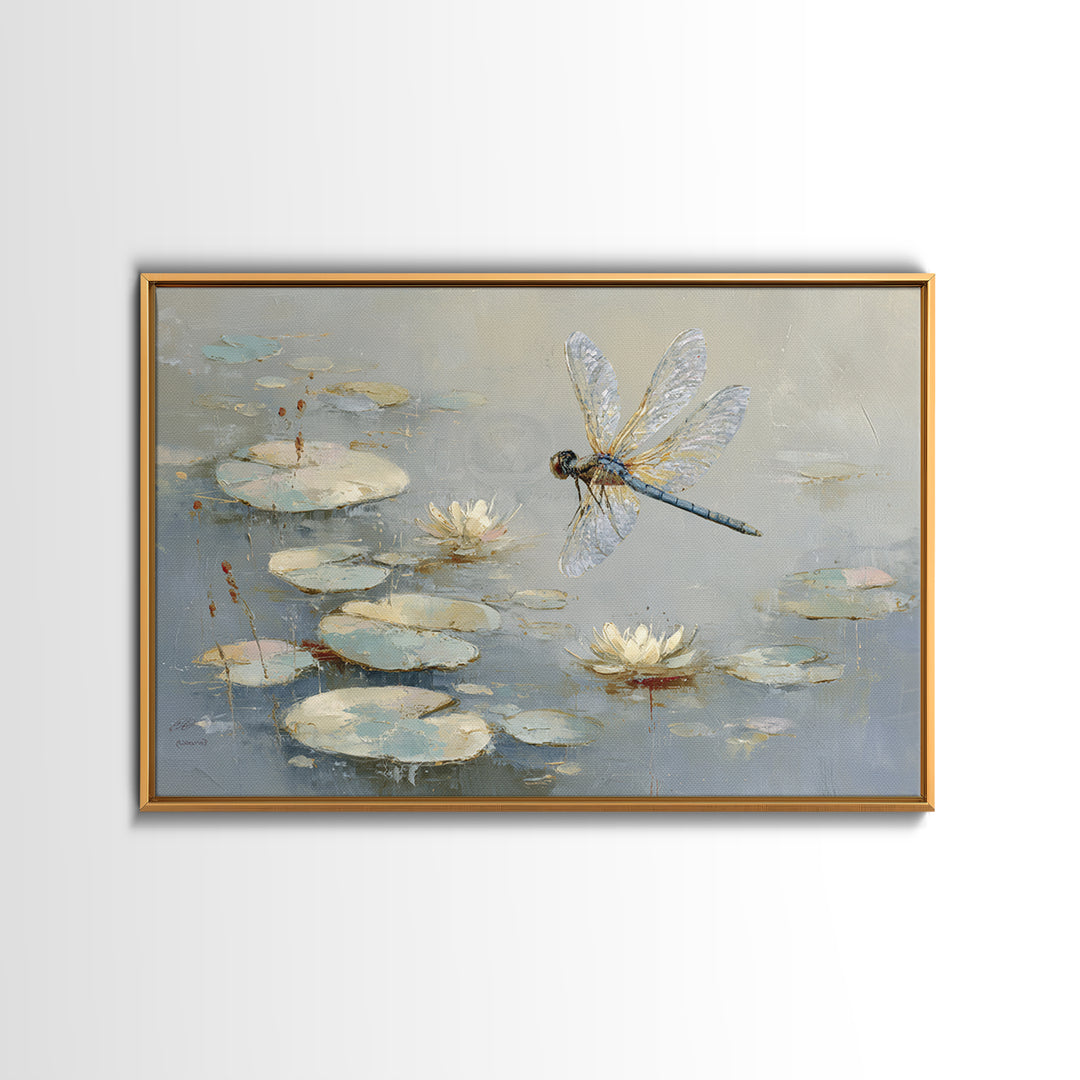 Delicate Dragonfly Above a Pond Surface Canvas Print, Bathroom Art, Unique Wall Art, Bathroom Decor, Spa, Gallery Decor, BAT-3x2-76