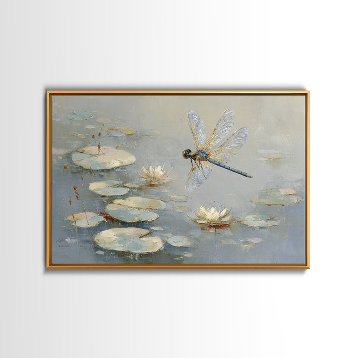 Delicate Dragonfly Above a Pond Surface Canvas Print, Bathroom Art, Unique Wall Art, Bathroom Decor, Spa, Gallery Decor, BAT-3x2-76