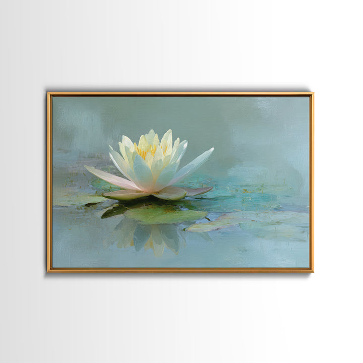 Lotus Flower Floating on Calm Water Framed Canvas Print, Bathroom Art, Trendy Wall Art, Bathroom Decor, Watercolor Art, Spa, BAT-3x2-96