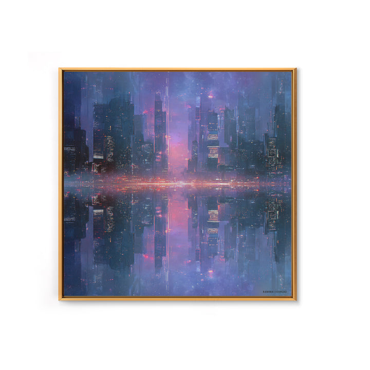 Monochrome City Skyline Reflected Framed Canvas Print, Black and White Art, Living Room Decor, Abstract Art, Monochrome, BAW-1x1-11