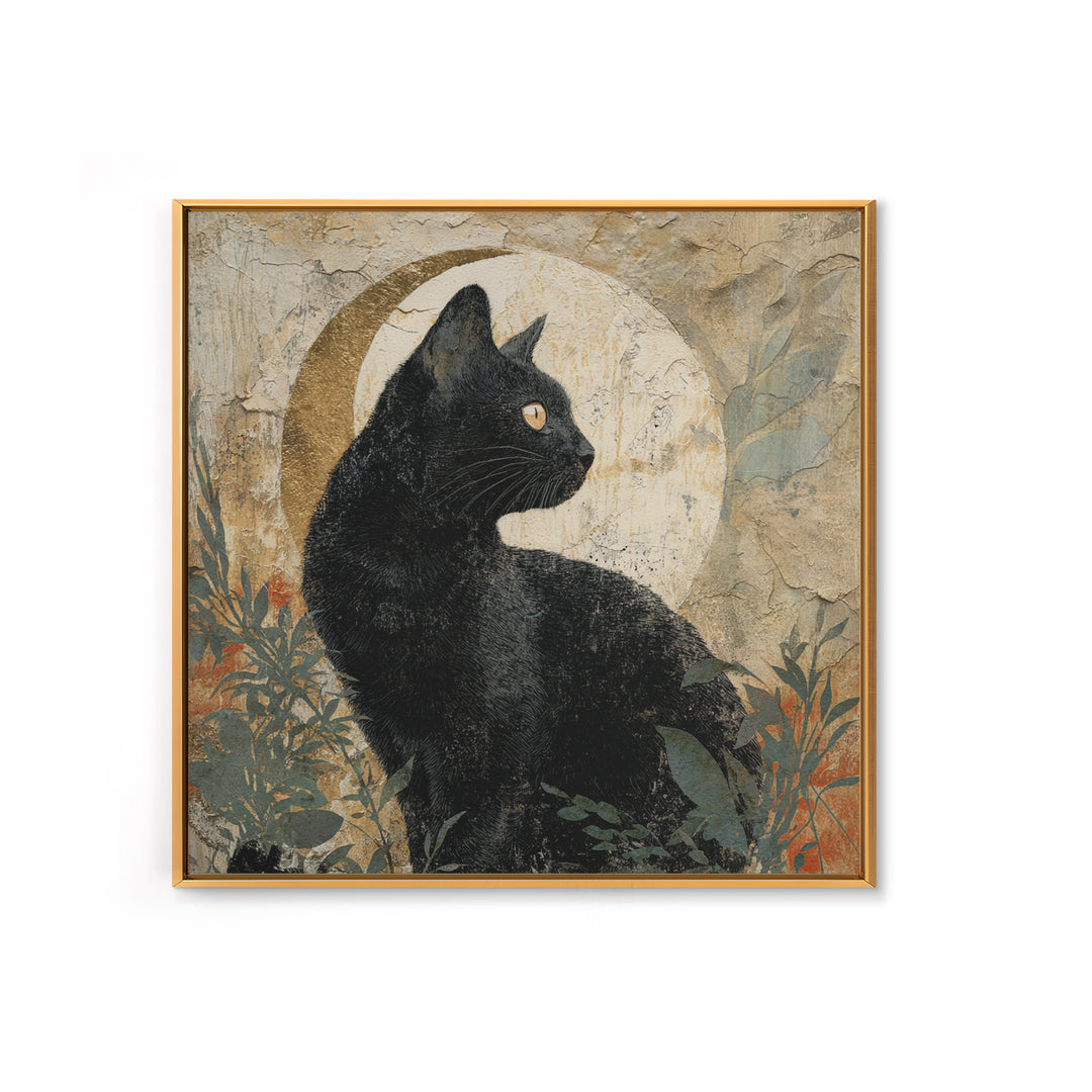 Black Cat Silhouette Framed Canvas Print, Black and White Art, Abstract Art, Living Room Decor, Watercolor Art, Monochrome, BAW-1x1-16
