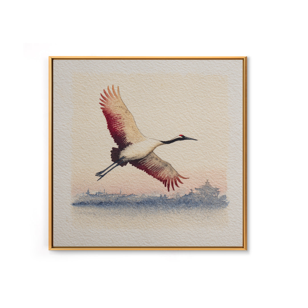 Black Ink Crane Flying Across Empty Sky Canvas Print, Black and White Art, Boho Decor, Living Room Decor, Monochrome, BAW-1x1-37