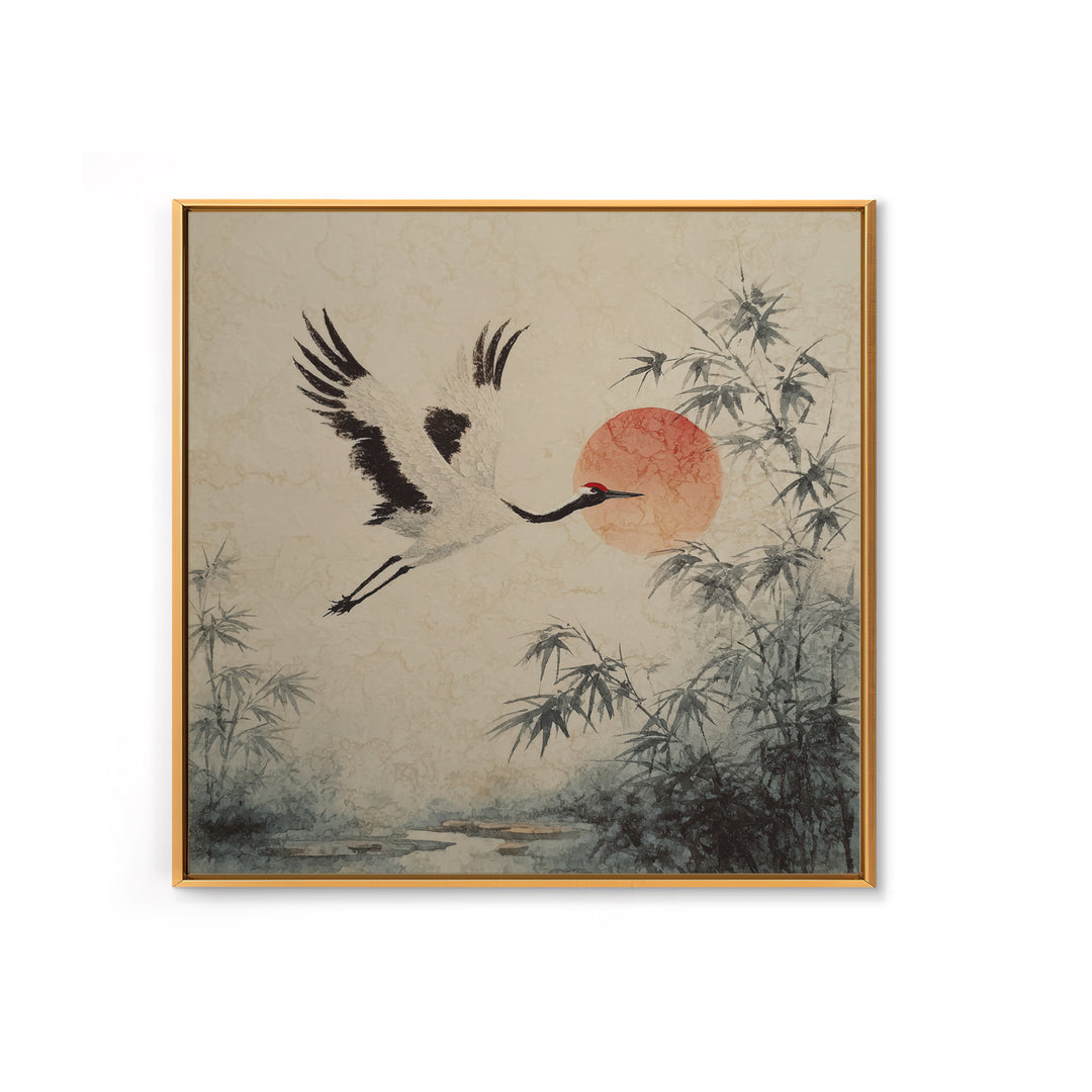 Black Ink Crane Flying Across Empty Sky Canvas Print, Black and White Art, Boho Decor, Living Room Decor, Monochrome, BAW-1x1-61