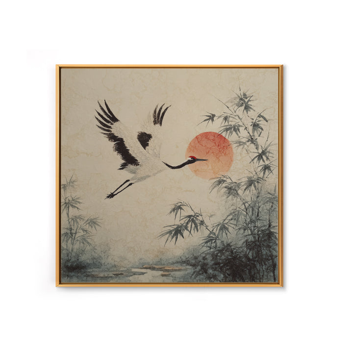 Black Ink Crane Flying Across Empty Sky Canvas Print, Black and White Art, Boho Decor, Living Room Decor, Monochrome, BAW-1x1-61