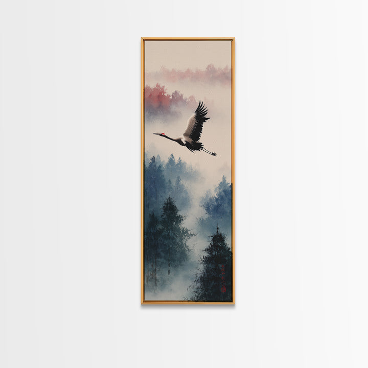 Black Ink Crane Flying Across Empty Sky Canvas Print, Black and White Art, Printable, Living Room Decor, Fine Art, Monochrome, BAW-1x3-25