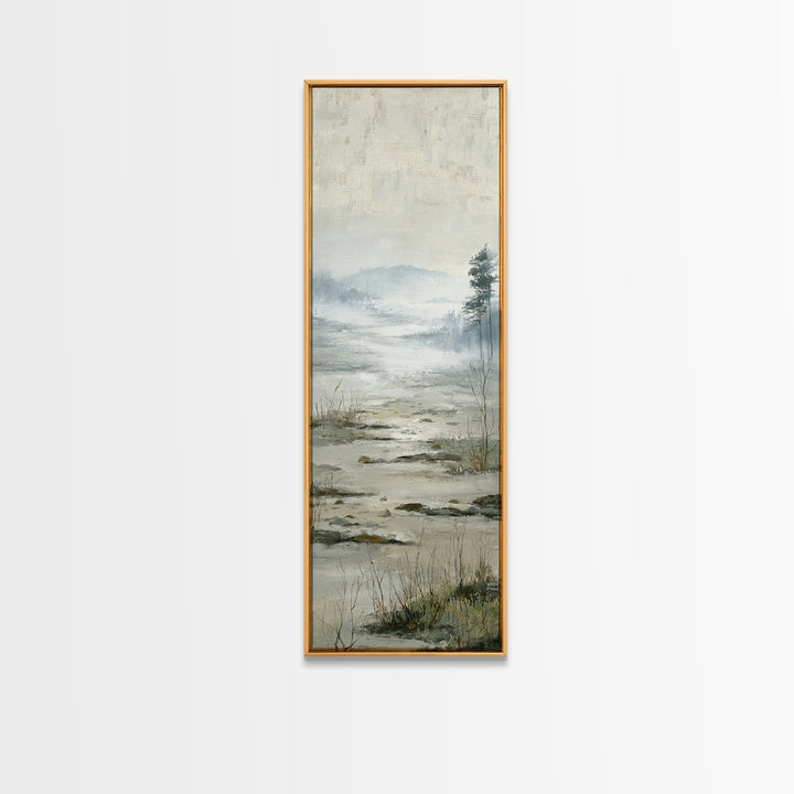 Misty Bridge Landscape Framed Canvas Print, Black and White Art, Abstract Art, Living Room Decor, Watercolor Art, Monochrome, BAW-1x3-31