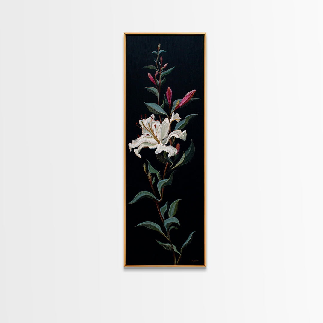 White Flower on Deep Black Background Canvas Print, Black and White Art, Digital Art, Living Room Decor, Watercolor Art, BAW-1x3-48