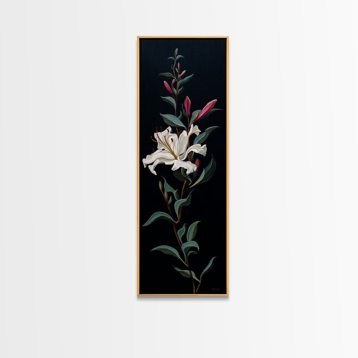 White Flower on Deep Black Background Canvas Print, Black and White Art, Digital Art, Living Room Decor, Watercolor Art, BAW-1x3-48