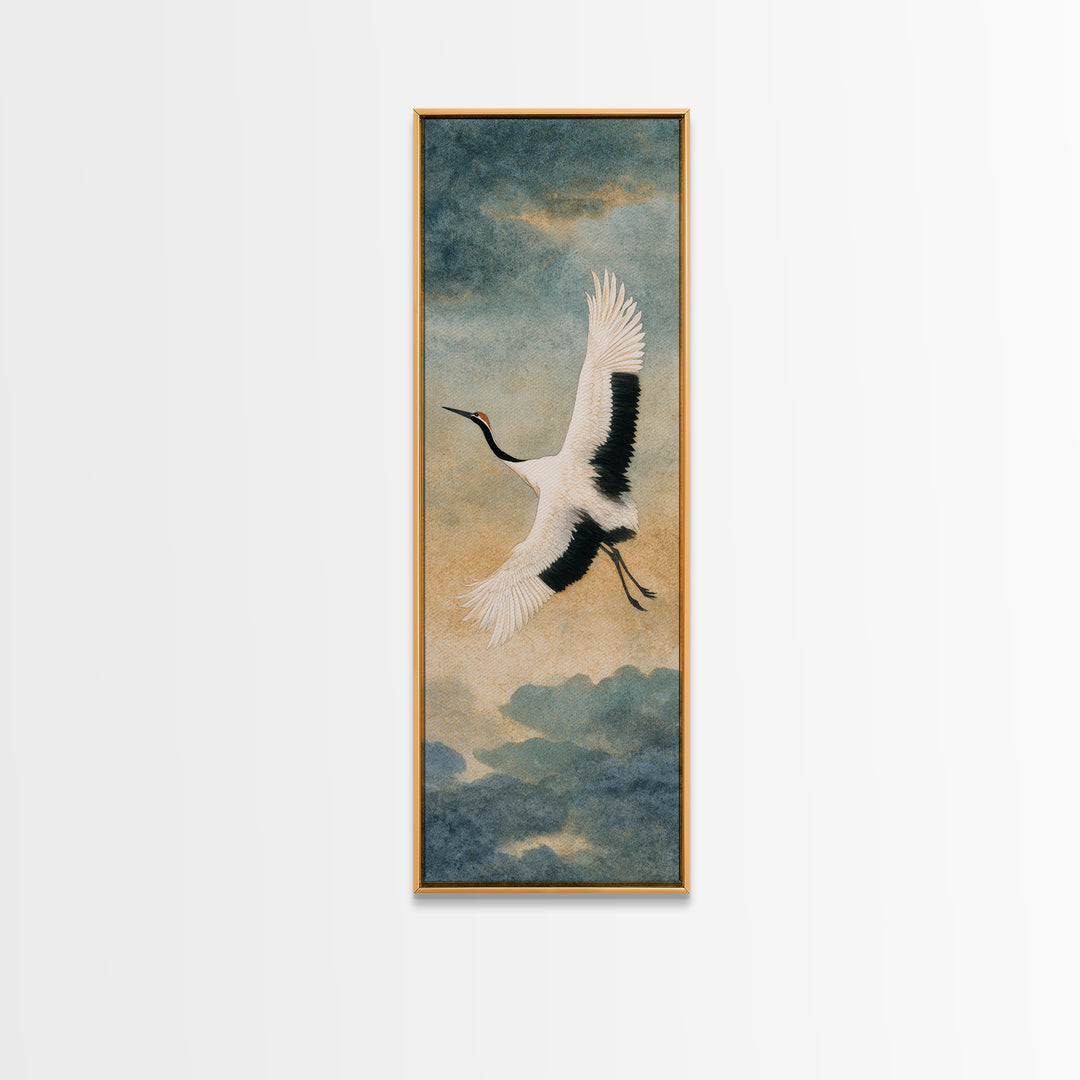 Black Ink Crane Flying Across Empty Sky Canvas Print, Black and White Art, Gothic Decor, Living Room Decor, Monochrome, BAW-1x3-73