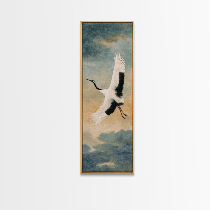 Black Ink Crane Flying Across Empty Sky Canvas Print, Black and White Art, Gothic Decor, Living Room Decor, Monochrome, BAW-1x3-73
