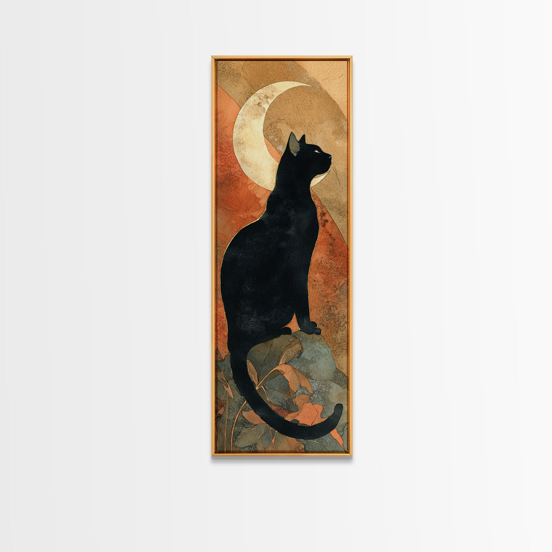 Black Cat Silhouette Framed Canvas Print, Black and White Art, Modern Wall Art, Living Room Decor, Oil Painting, Monochrome, BAW-1x3-76