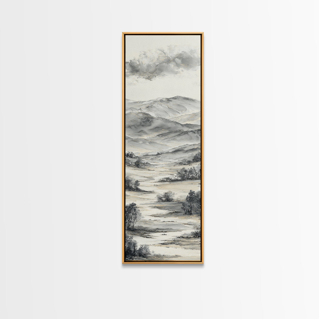 Black Ink Mountain Range Canvas Print, Black and White Art, Contemporary Art, Living Room Decor, Fine Art, Monochrome, BAW-1x3-86