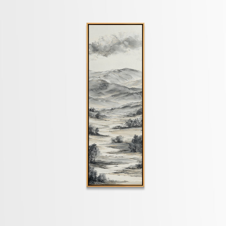 Black Ink Mountain Range Canvas Print, Black and White Art, Contemporary Art, Living Room Decor, Fine Art, Monochrome, BAW-1x3-86